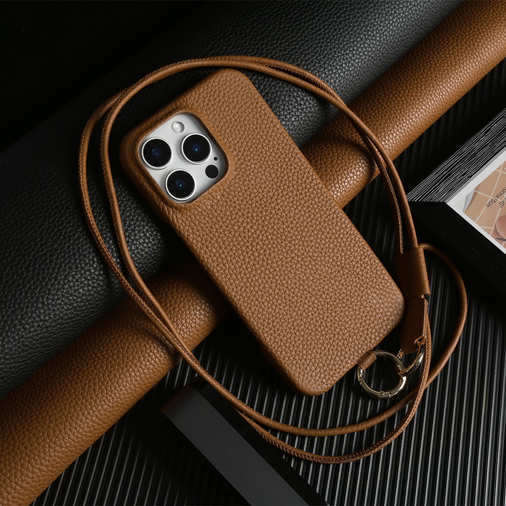 For iPhone 14 Pro Max Case With Lanyard Genuine Cow Leather PC Phone Back Cover - Brown