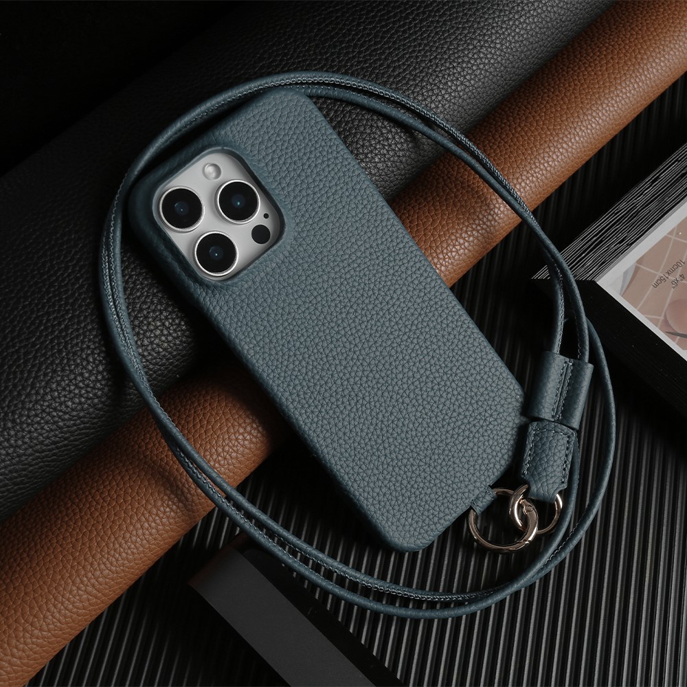 For iPhone 15 Pro Max Case With Lanyard Genuine Cow Leather PC Phone Back Cover - Blue