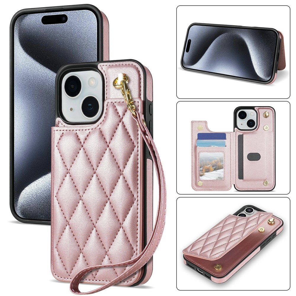 For iPhone 15 Case with Wrist Strap Card Slots Rhombus Leather + TPU Phone Cover - Rose Gold