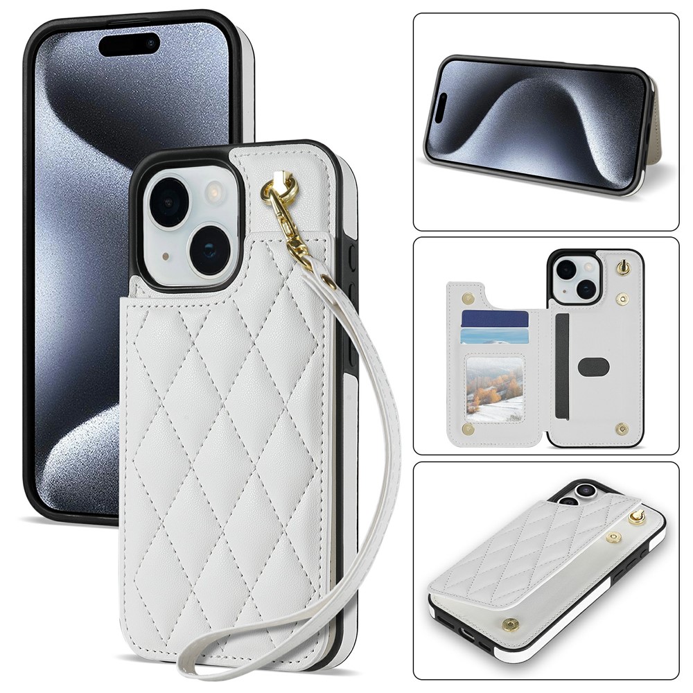 For iPhone 15 Case with Wrist Strap Card Slots Rhombus Leather + TPU Phone Cover - White