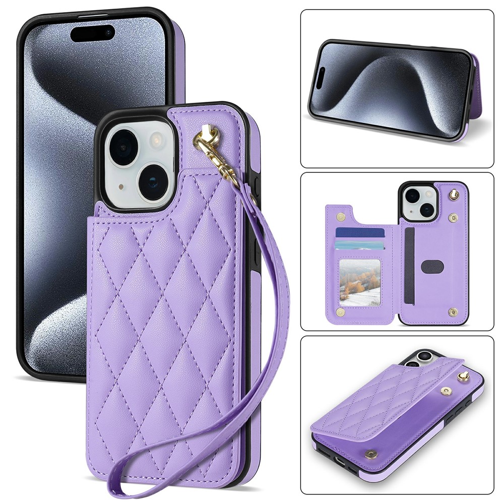 For iPhone 15 Case with Wrist Strap Card Slots Rhombus Leather + TPU Phone Cover - Purple