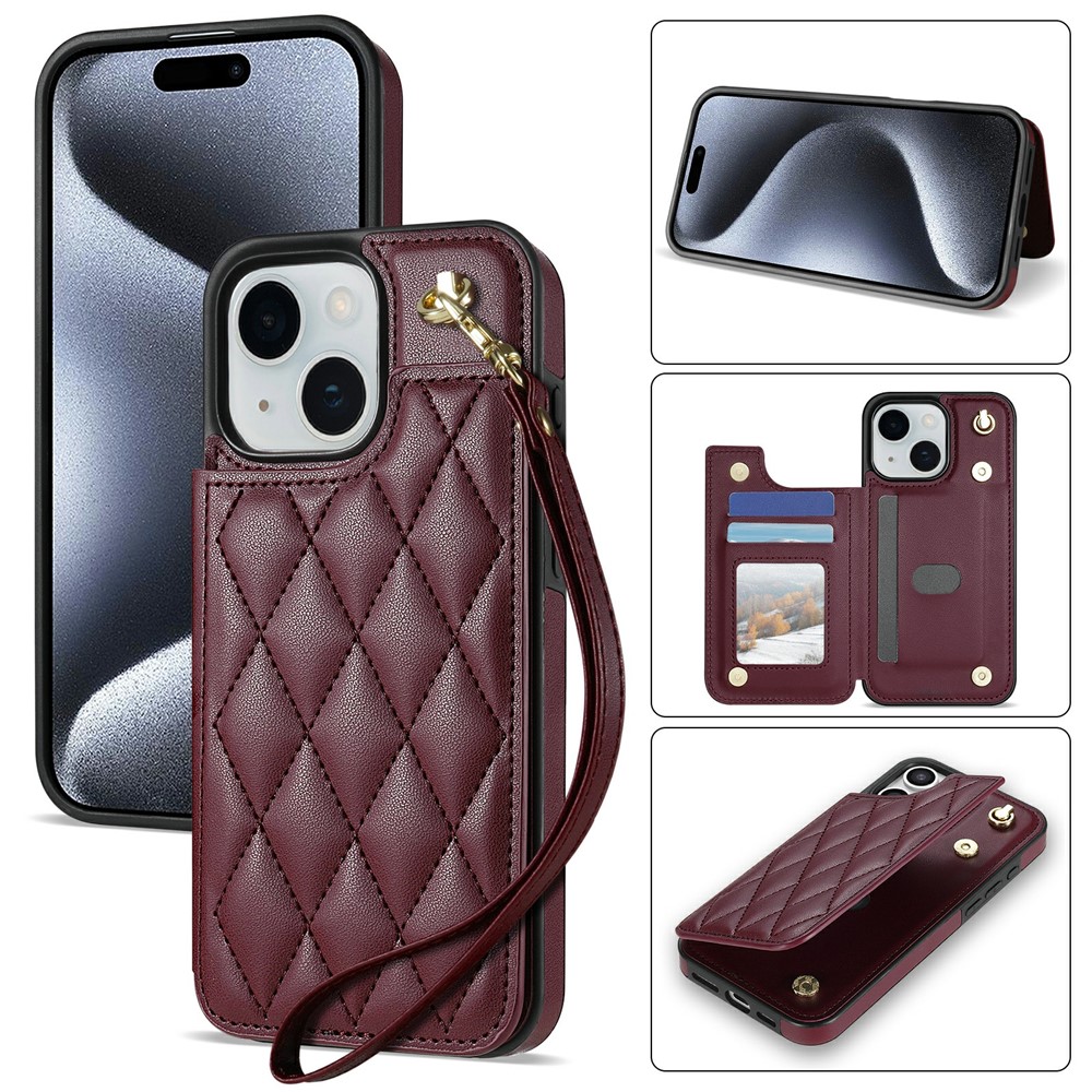 For iPhone 15 Case with Wrist Strap Card Slots Rhombus Leather + TPU Phone Cover - Wine Red