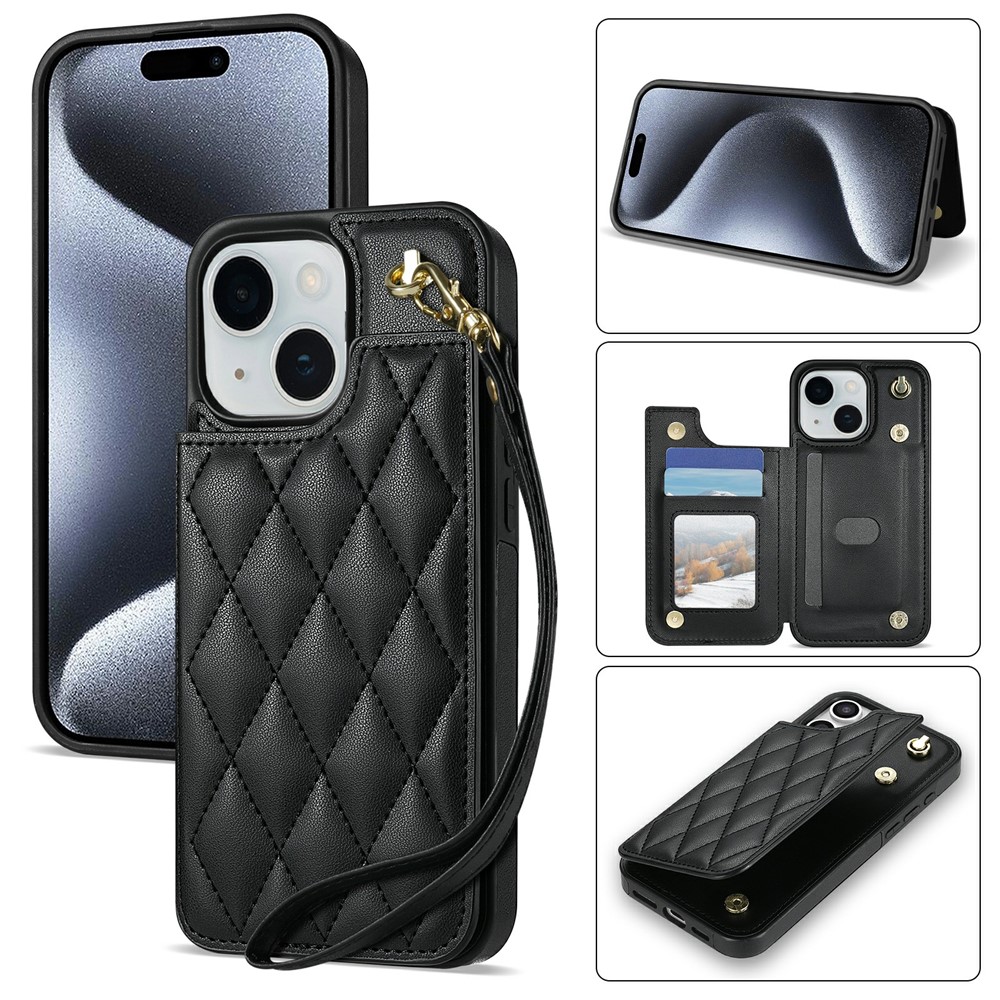 For iPhone 15 Case with Wrist Strap Card Slots Rhombus Leather + TPU Phone Cover - Black