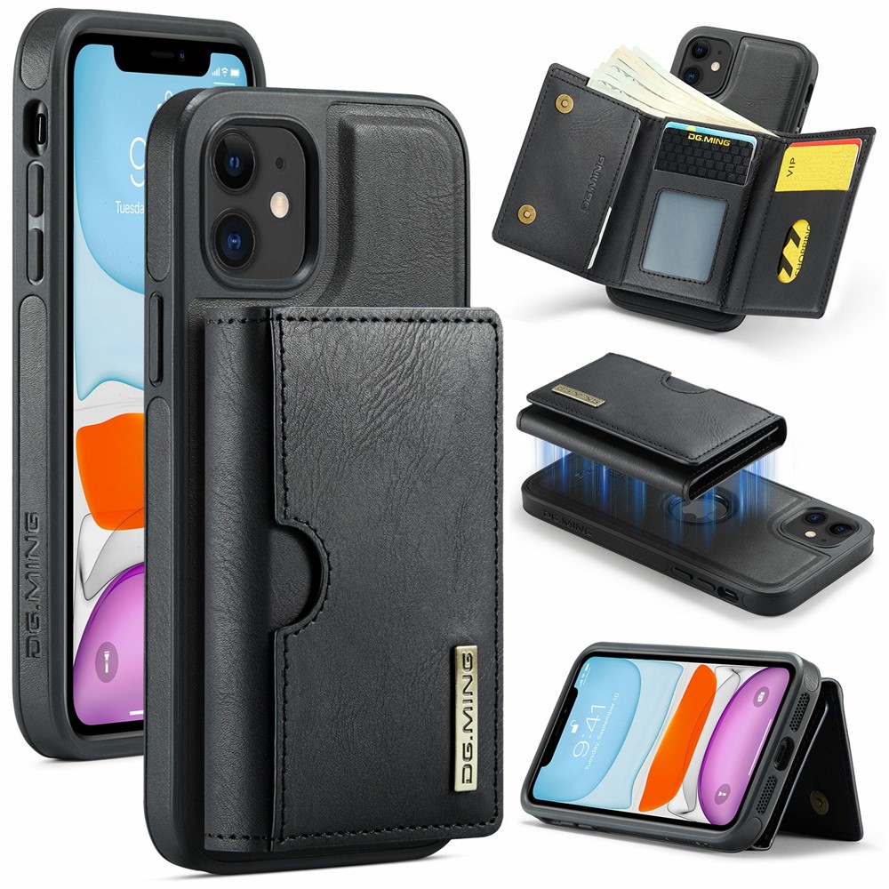 DG.MING M6 Series For iPhone 11 Case Magnetic Wallet PU+PC+TPU Phone Cover - Black