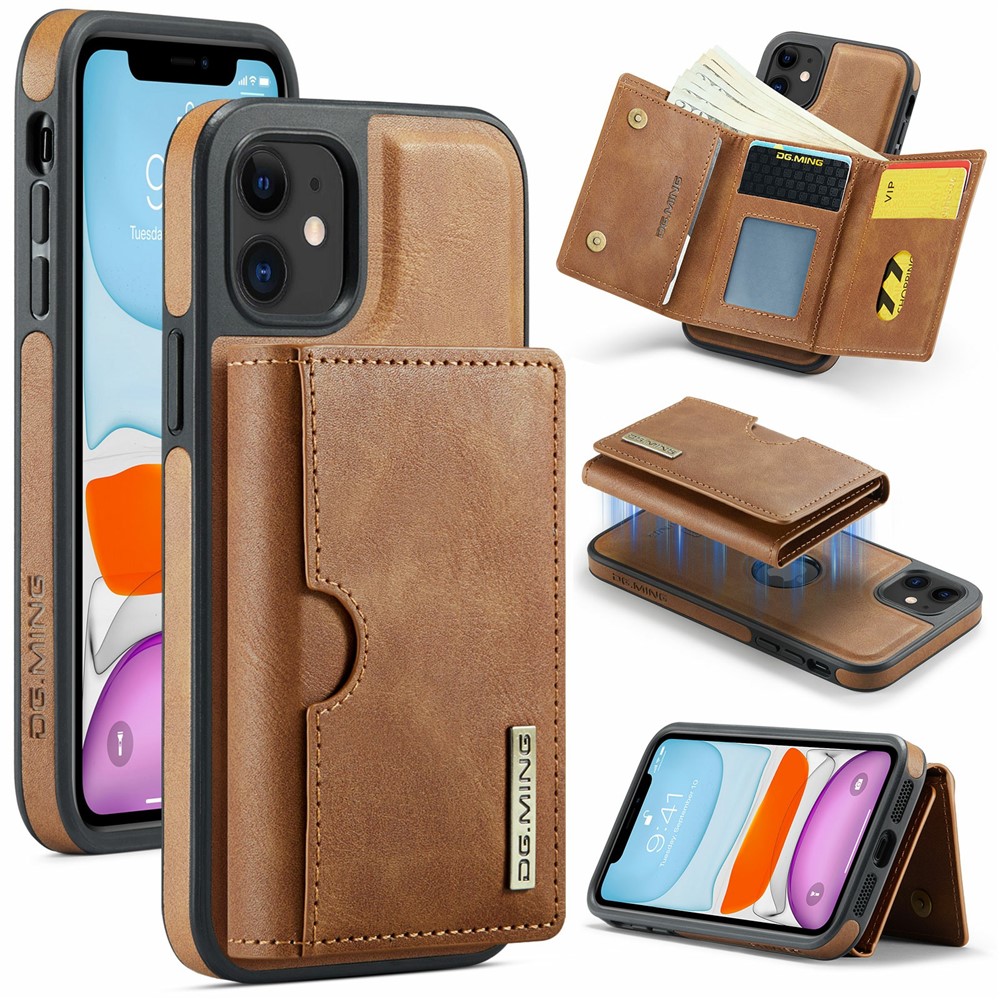 DG.MING M6 Series For iPhone 11 Case Magnetic Wallet PU+PC+TPU Phone Cover - Brown