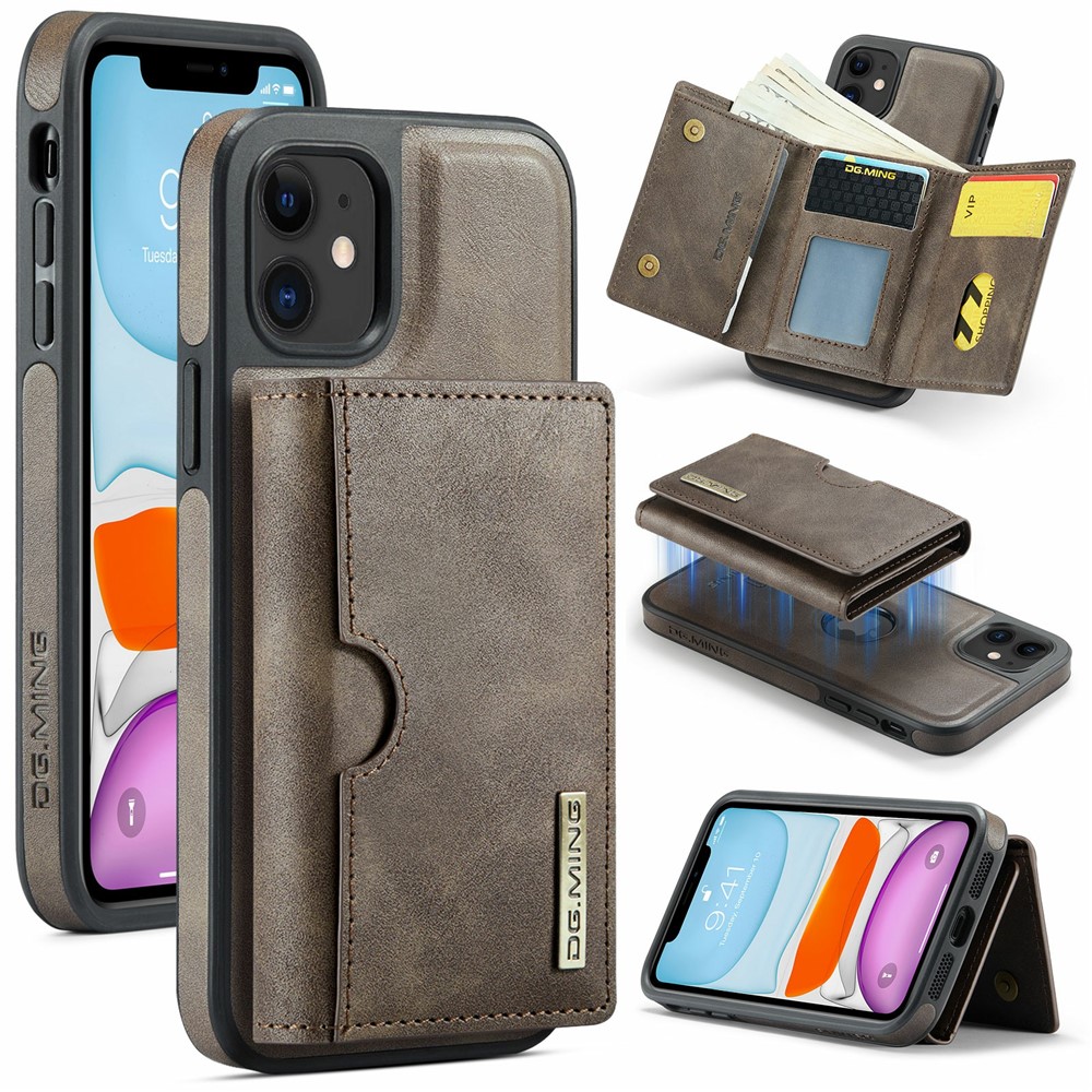 DG.MING M6 Series For iPhone 11 Case Magnetic Wallet PU+PC+TPU Phone Cover - Coffee