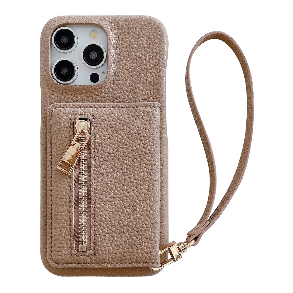 For iPhone 15 Pro Max Case Card Slots Kickstand PU Leather Back Cover with Zipper Pocket, Wrist Strap - Light Brown