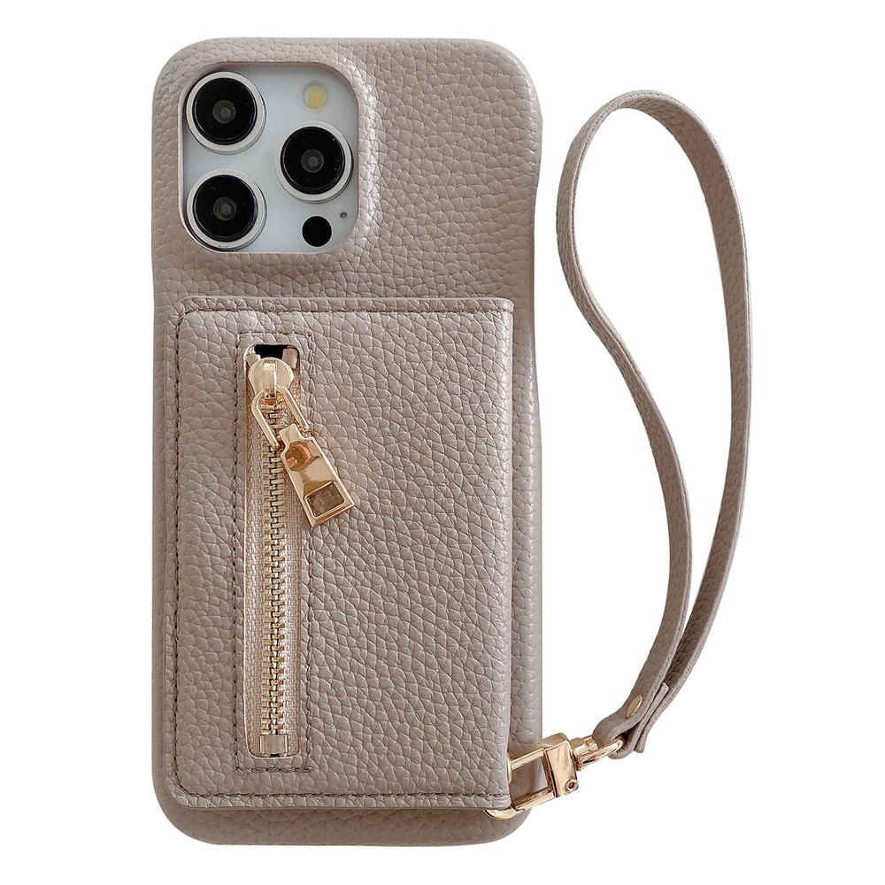 For iPhone 15 Pro Max Case Card Slots Kickstand PU Leather Back Cover with Zipper Pocket, Wrist Strap - Grey