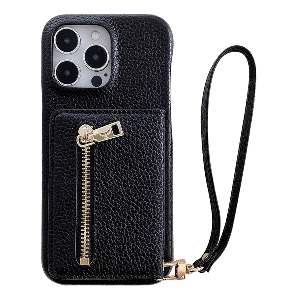For iPhone 15 Pro Max Case Card Slots Kickstand PU Leather Back Cover with Zipper Pocket, Wrist Strap - Black