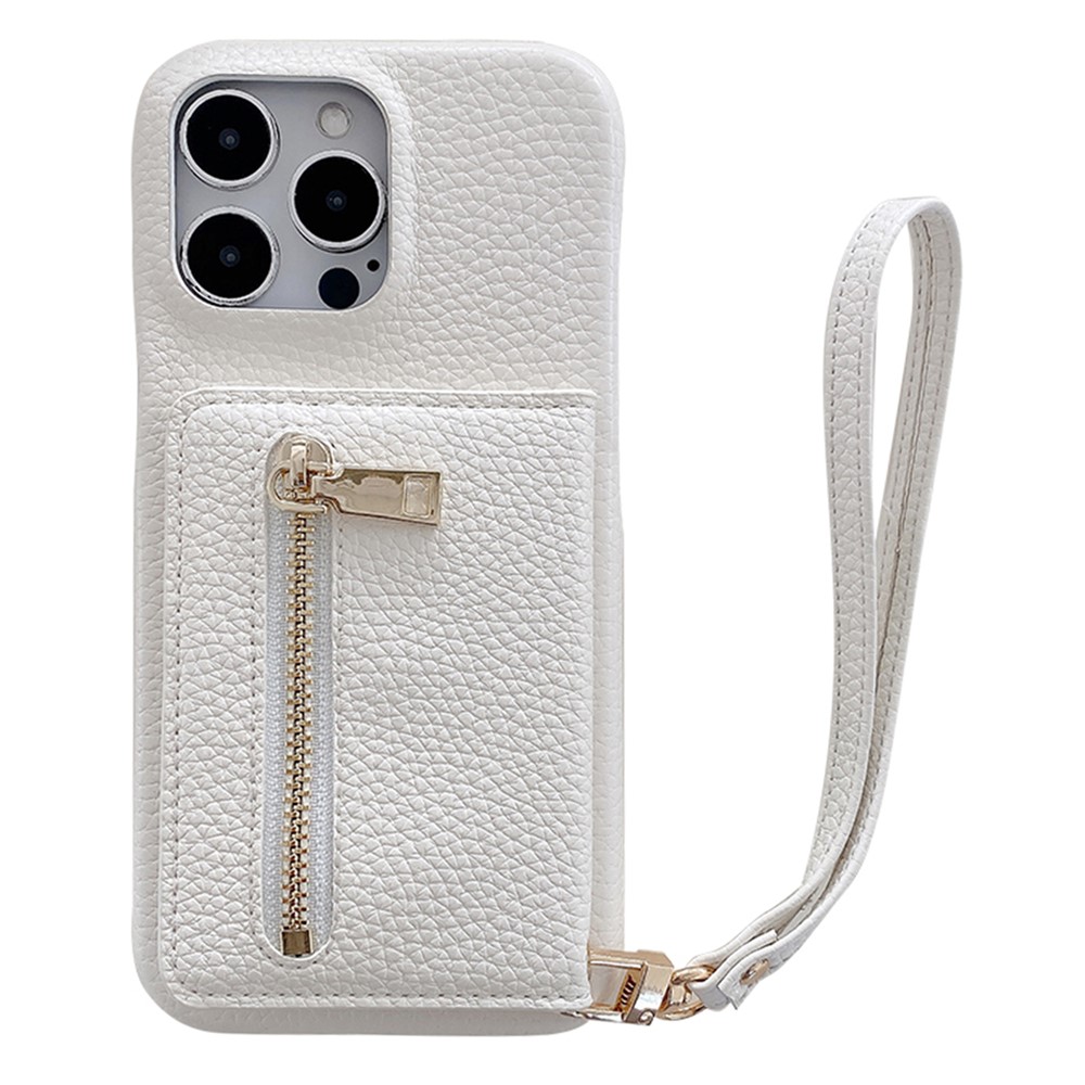 For iPhone 14 Pro Max Case Card Slots Kickstand PU Leather Back Cover with Zipper Pocket, Wrist Strap - White