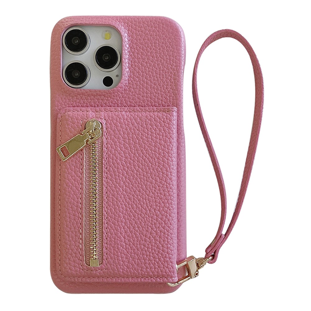 For iPhone 14 Pro Max Case Card Slots Kickstand PU Leather Back Cover with Zipper Pocket, Wrist Strap - Pink
