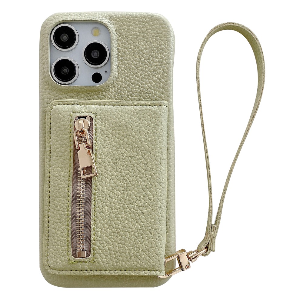 For iPhone 14 Pro Case Card Slots Kickstand PU Leather Back Cover with Zipper Pocket, Wrist Strap - Green