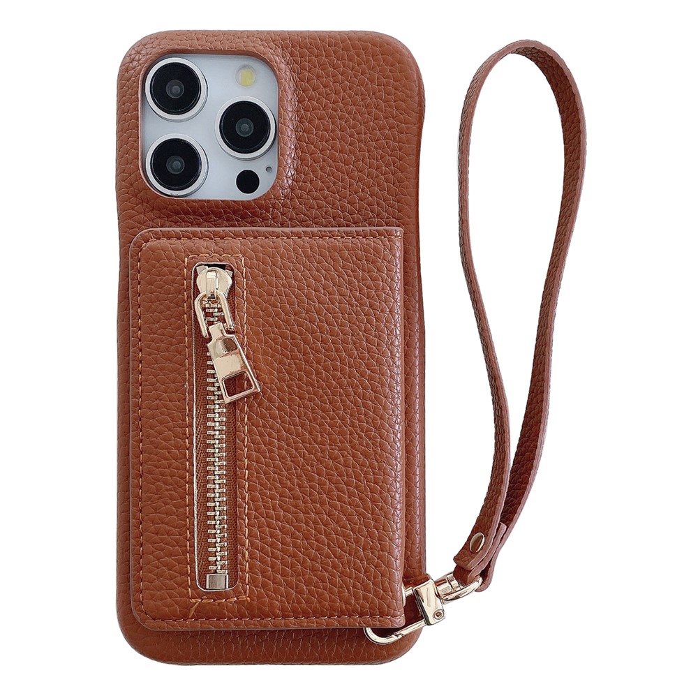 For iPhone 14 Pro Case Card Slots Kickstand PU Leather Back Cover with Zipper Pocket, Wrist Strap - Dark Brown