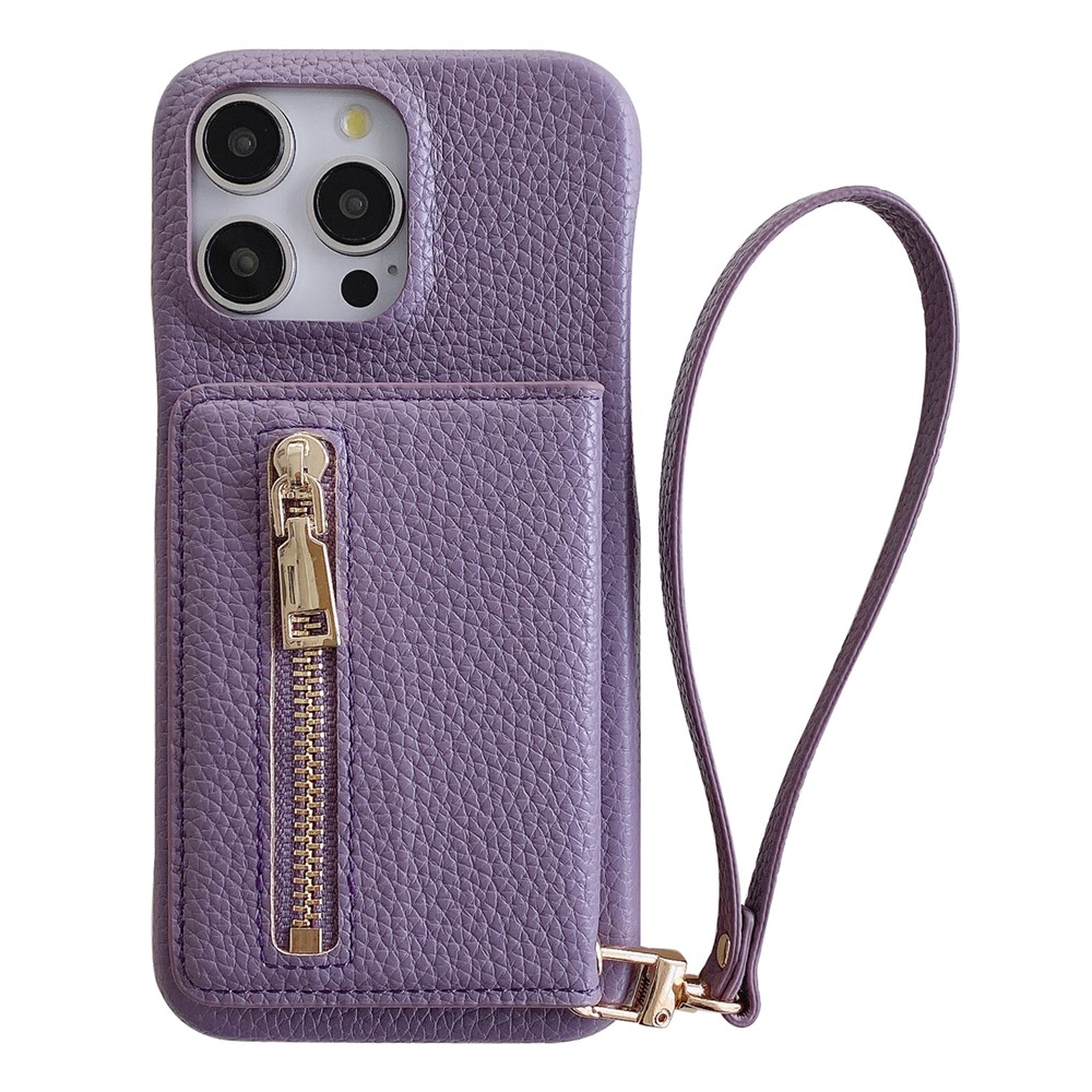 For iPhone 14 Pro Case Card Slots Kickstand PU Leather Back Cover with Zipper Pocket, Wrist Strap - Purple