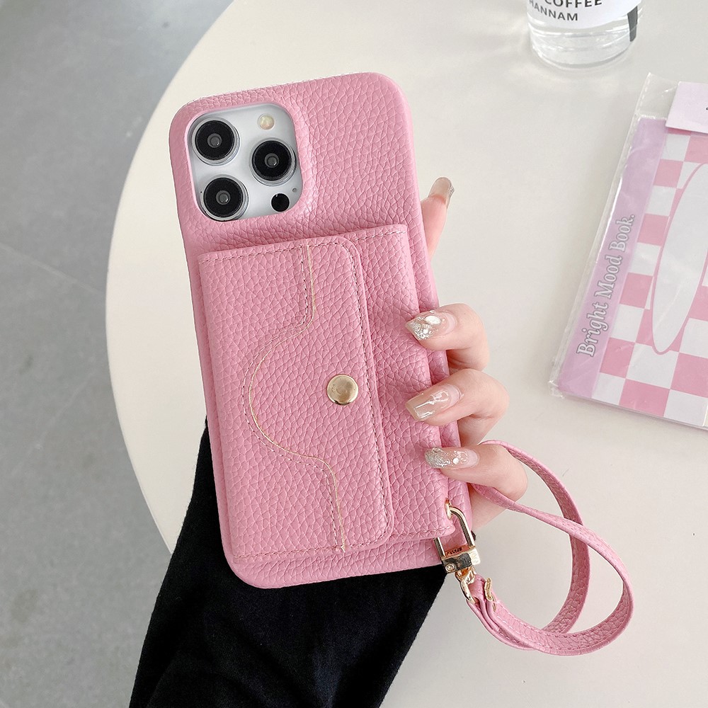 For iPhone 15 Pro Max Case Mirror Design PU Leather Back Cover with Card Slots, Wrist Strap - Pink