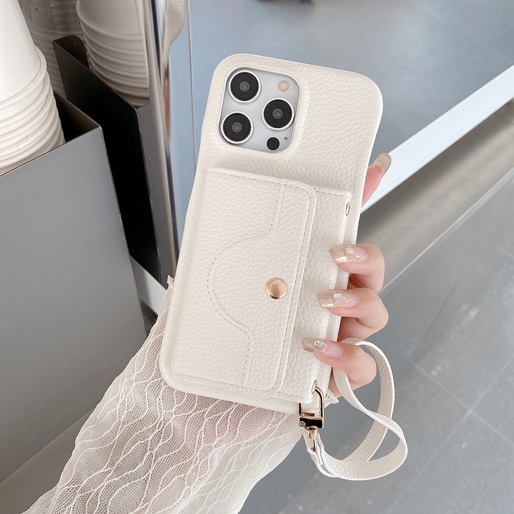 For iPhone 15 Pro Max Case Mirror Design PU Leather Back Cover with Card Slots, Wrist Strap - White