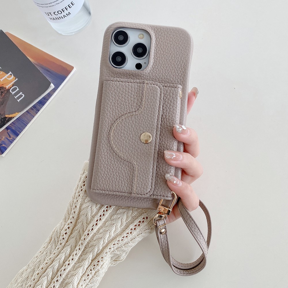 For iPhone 15 Pro Max Case Mirror Design PU Leather Back Cover with Card Slots, Wrist Strap - Grey
