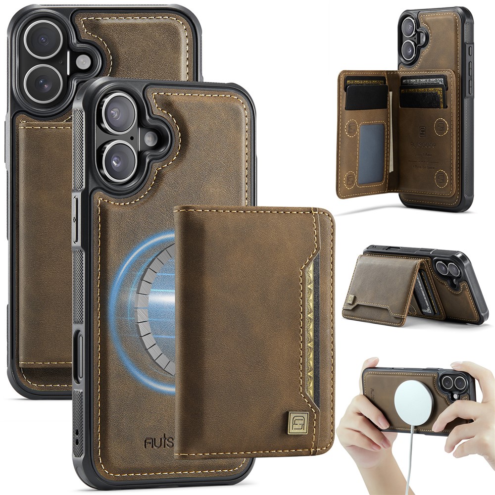 For iPhone 16 Case AUTSPACE A13 Vintage Leather Back Cover with Magnetic Detachable Card Bag - Coffee