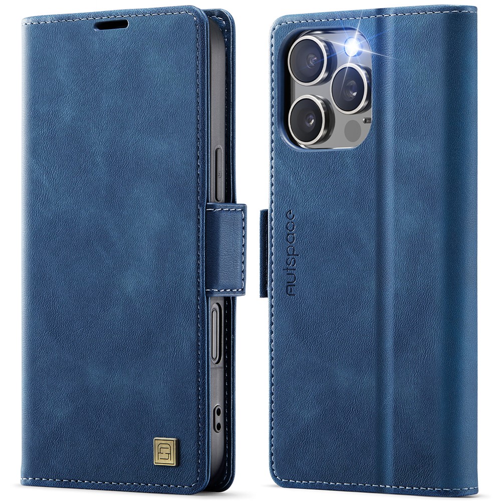 For iPhone 16 Pro Case AUTSPACE A11 RFID Blocking Retro Leather Cell Phone Wallet Cover - Blue