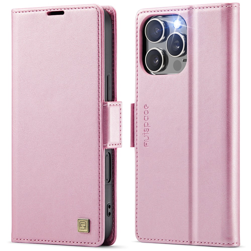 For iPhone 16 Pro Case AUTSPACE A11 RFID Blocking Retro Leather Cell Phone Wallet Cover - Pink