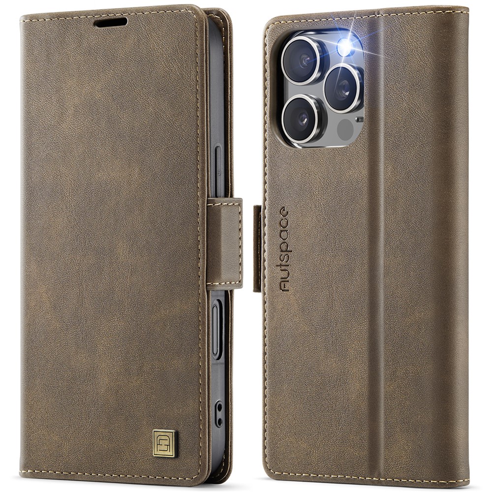 For iPhone 16 Pro Case AUTSPACE A11 RFID Blocking Retro Leather Cell Phone Wallet Cover - Brown