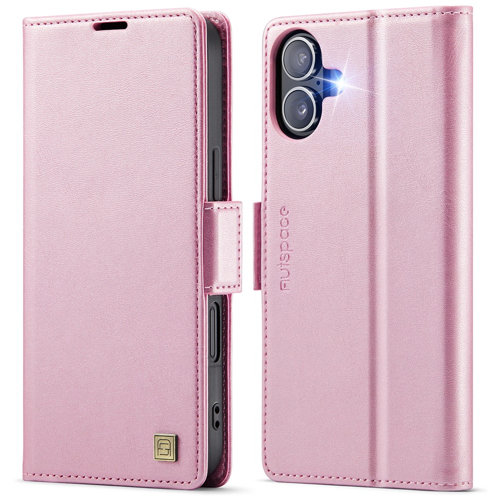 For iPhone 16 Plus Case AUTSPACE A11 RFID Blocking Retro Leather Cell Phone Wallet Cover - Pink