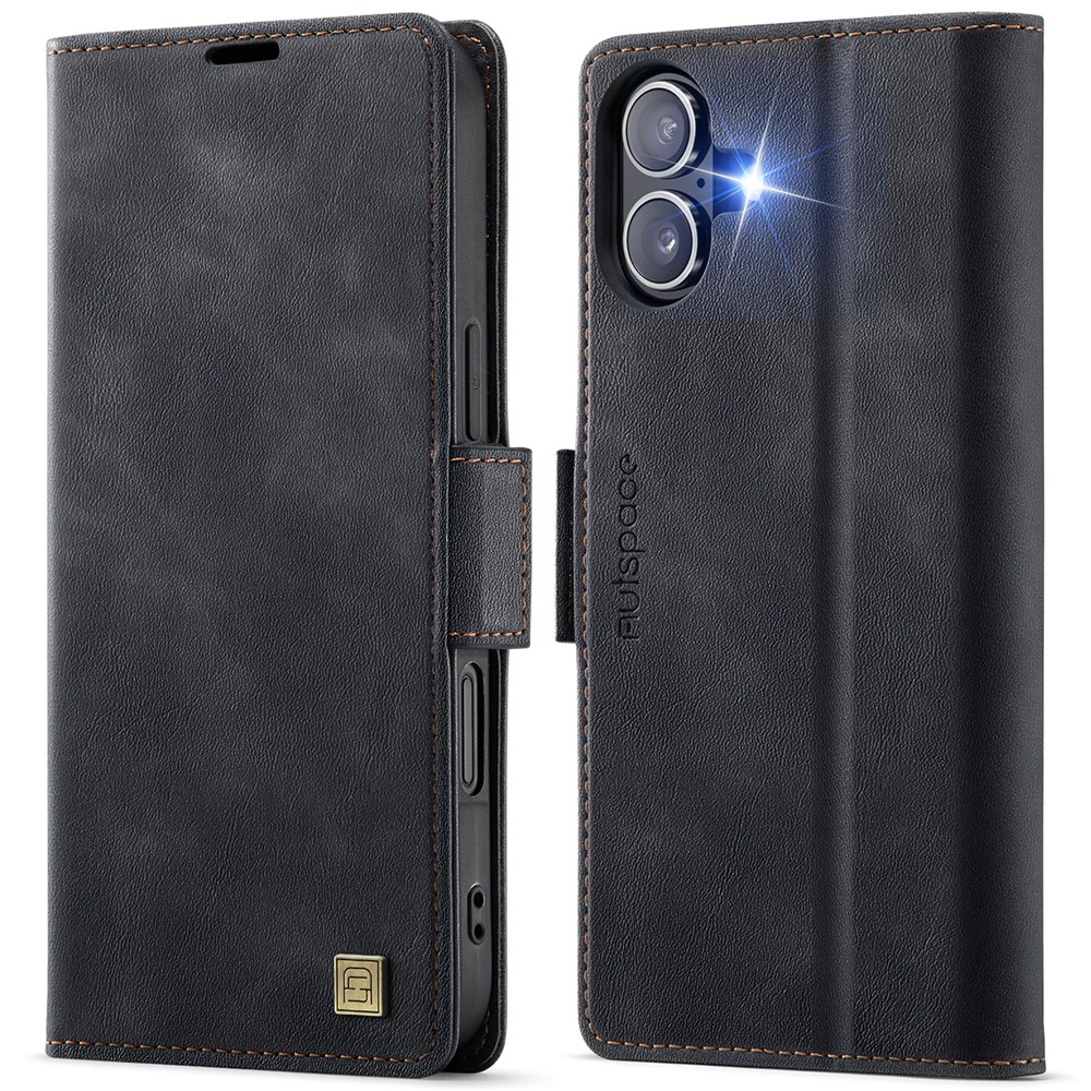 For iPhone 16 Plus Case AUTSPACE A11 RFID Blocking Retro Leather Cell Phone Wallet Cover - Black