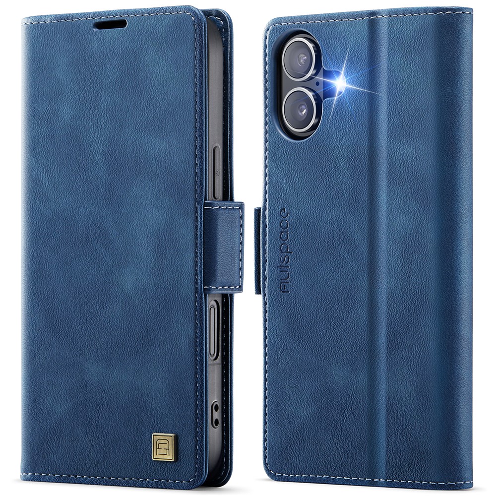 For iPhone 16 Plus Case AUTSPACE A11 RFID Blocking Retro Leather Cell Phone Wallet Cover - Blue