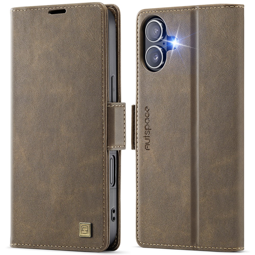 For iPhone 16 Plus Case AUTSPACE A11 RFID Blocking Retro Leather Cell Phone Wallet Cover - Brown