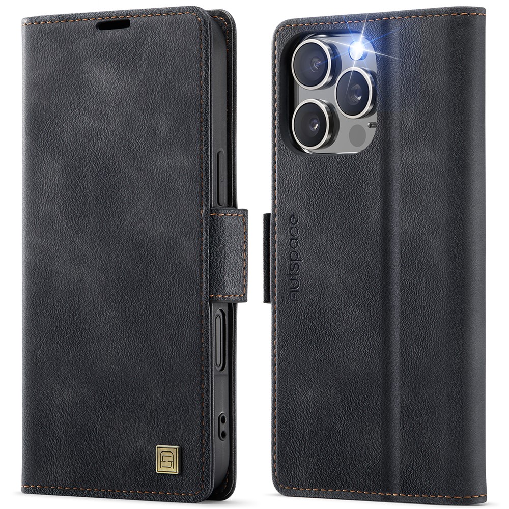 For iPhone 16 Pro Max Case AUTSPACE A11 RFID Blocking Retro Leather Cell Phone Wallet Cover - Black