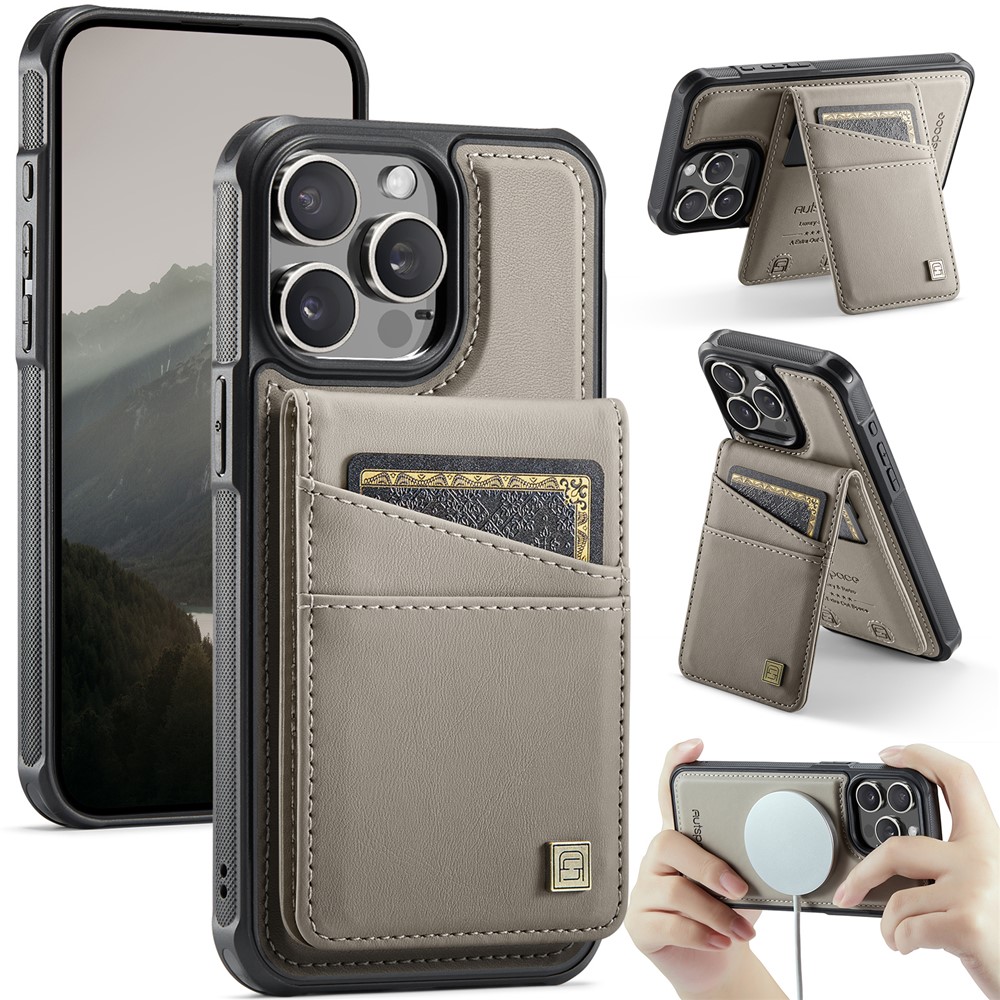 For iPhone 14 Pro Max Case AUTSPACE A12 Leather Phone Case with Detachable Card Bag - Grey