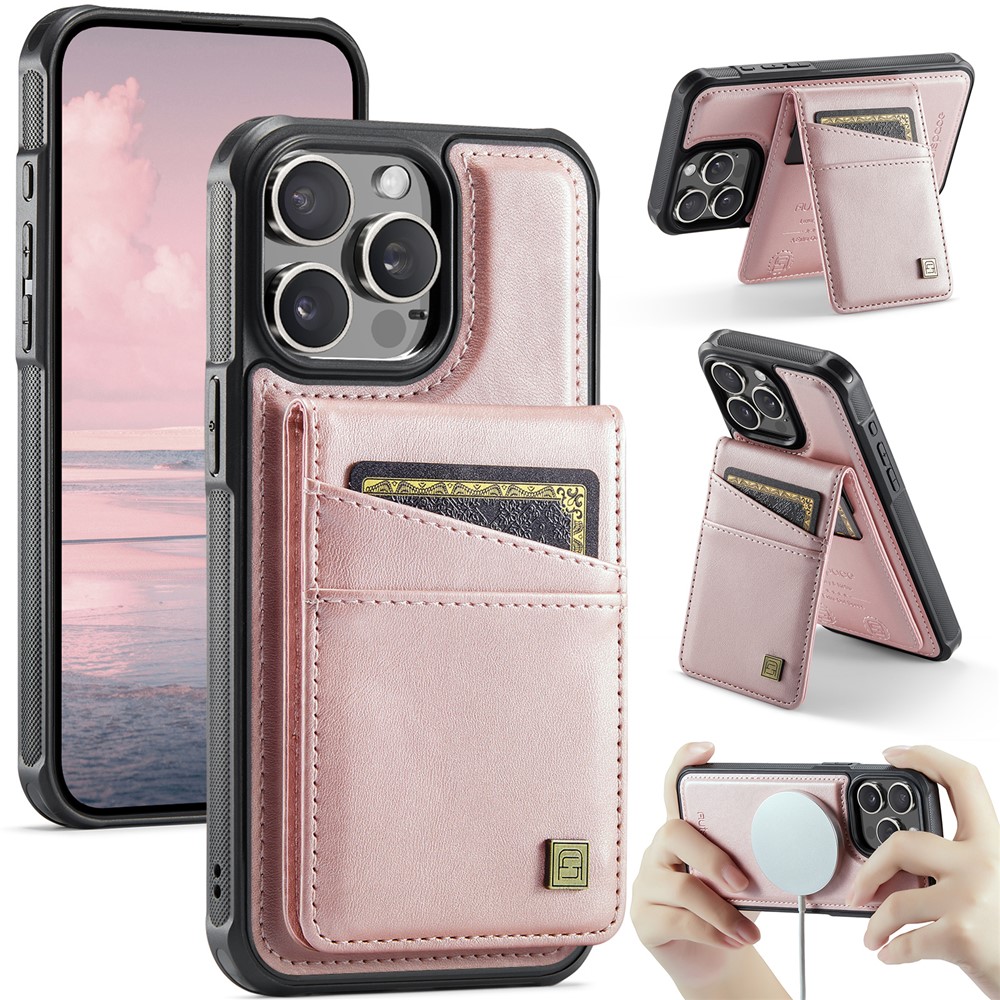 For iPhone 15 Pro Case AUTSPACE A12 Leather Phone Case with Detachable Card Bag - Rose Gold