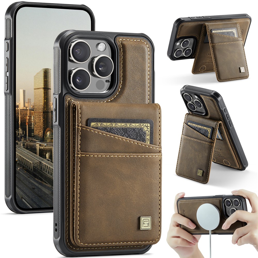 For iPhone 15 Pro Max Case AUTSPACE A12 Leather Phone Case with Detachable Card Bag - Coffee
