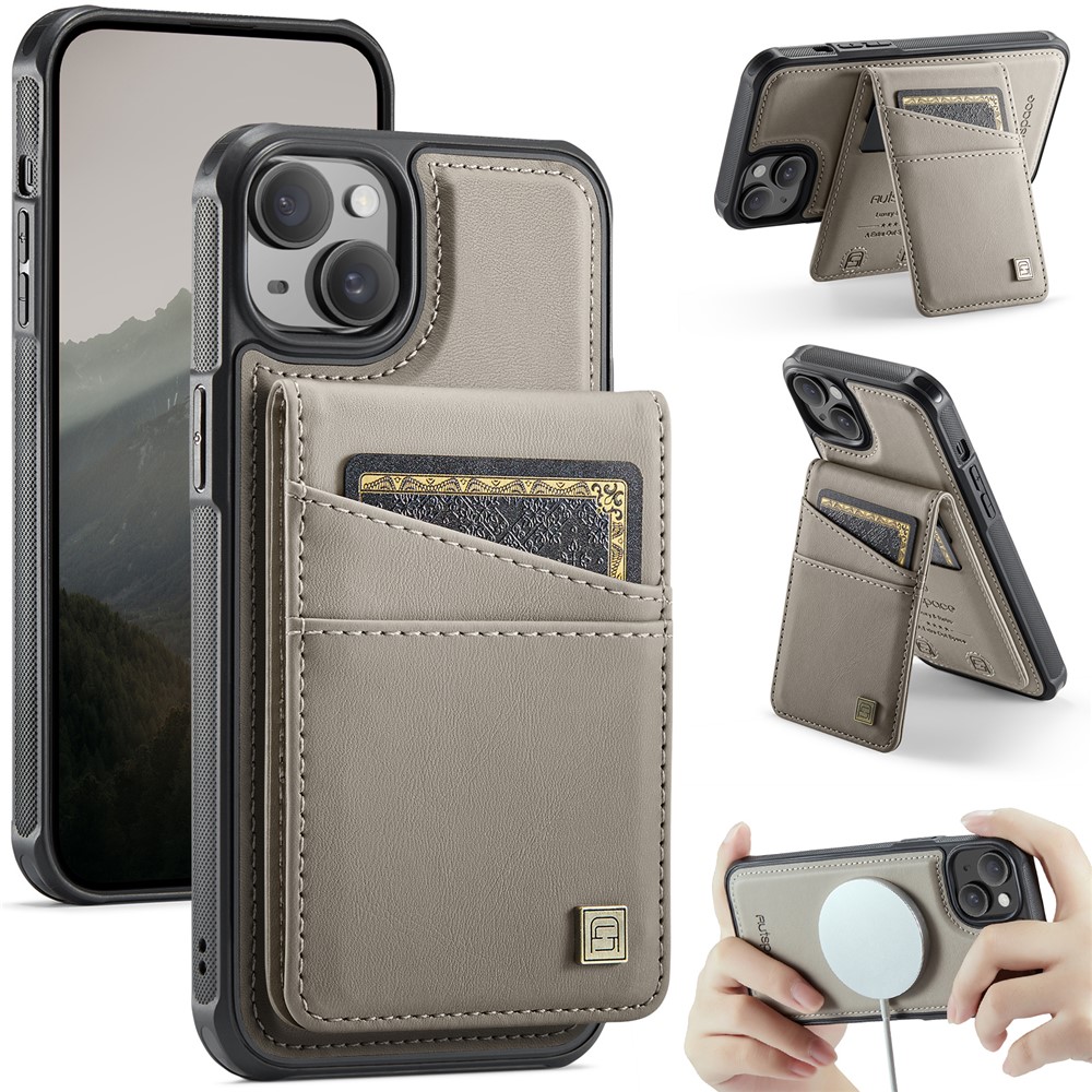 For iPhone 15 Case AUTSPACE A12 Leather Phone Case with Detachable Card Bag - Grey