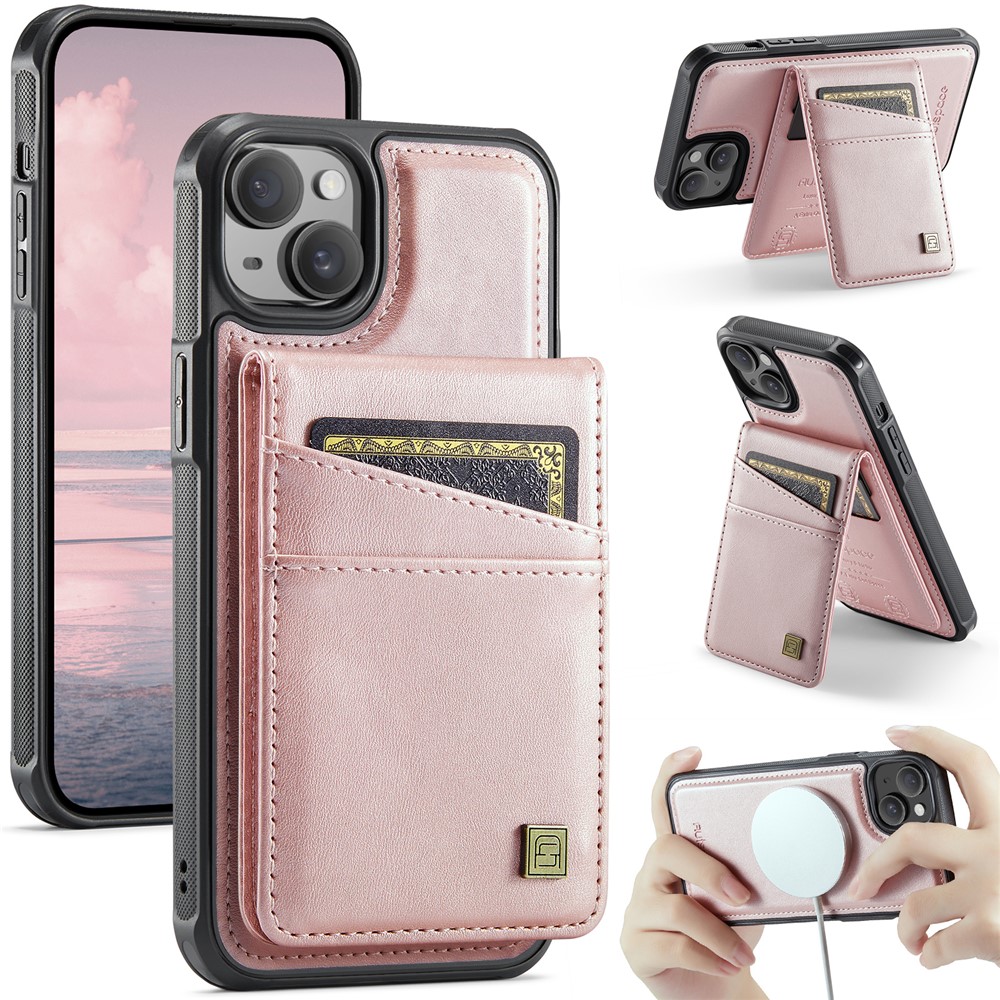 For iPhone 15 Case AUTSPACE A12 Leather Phone Case with Detachable Card Bag - Rose Gold
