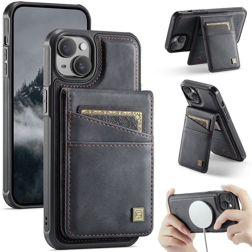 For iPhone 15 Plus Case AUTSPACE A12 Leather Phone Case with Detachable Card Bag - Black