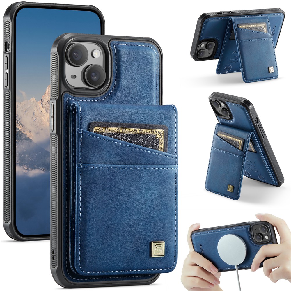 For iPhone 15 Plus Case AUTSPACE A12 Leather Phone Case with Detachable Card Bag - Blue