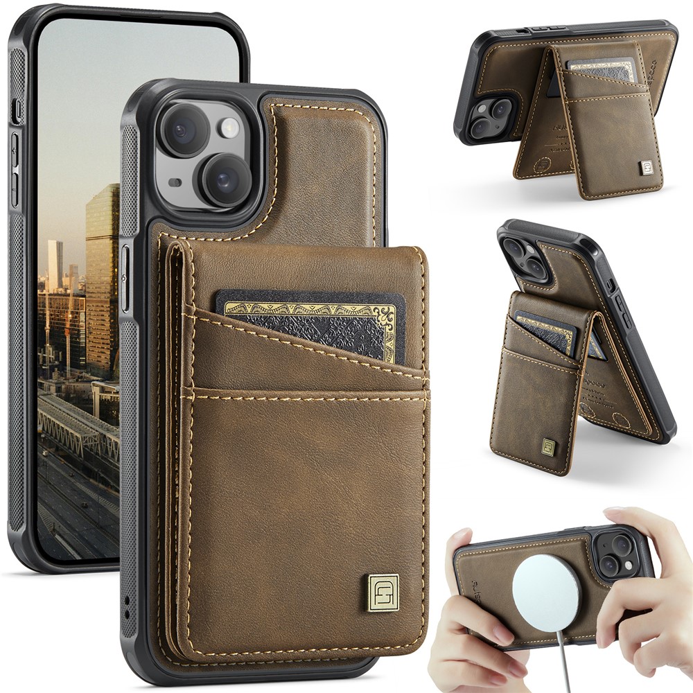 For iPhone 13 6.1 inch Case AUTSPACE A12 Leather Phone Case with Detachable Card Bag - Coffee