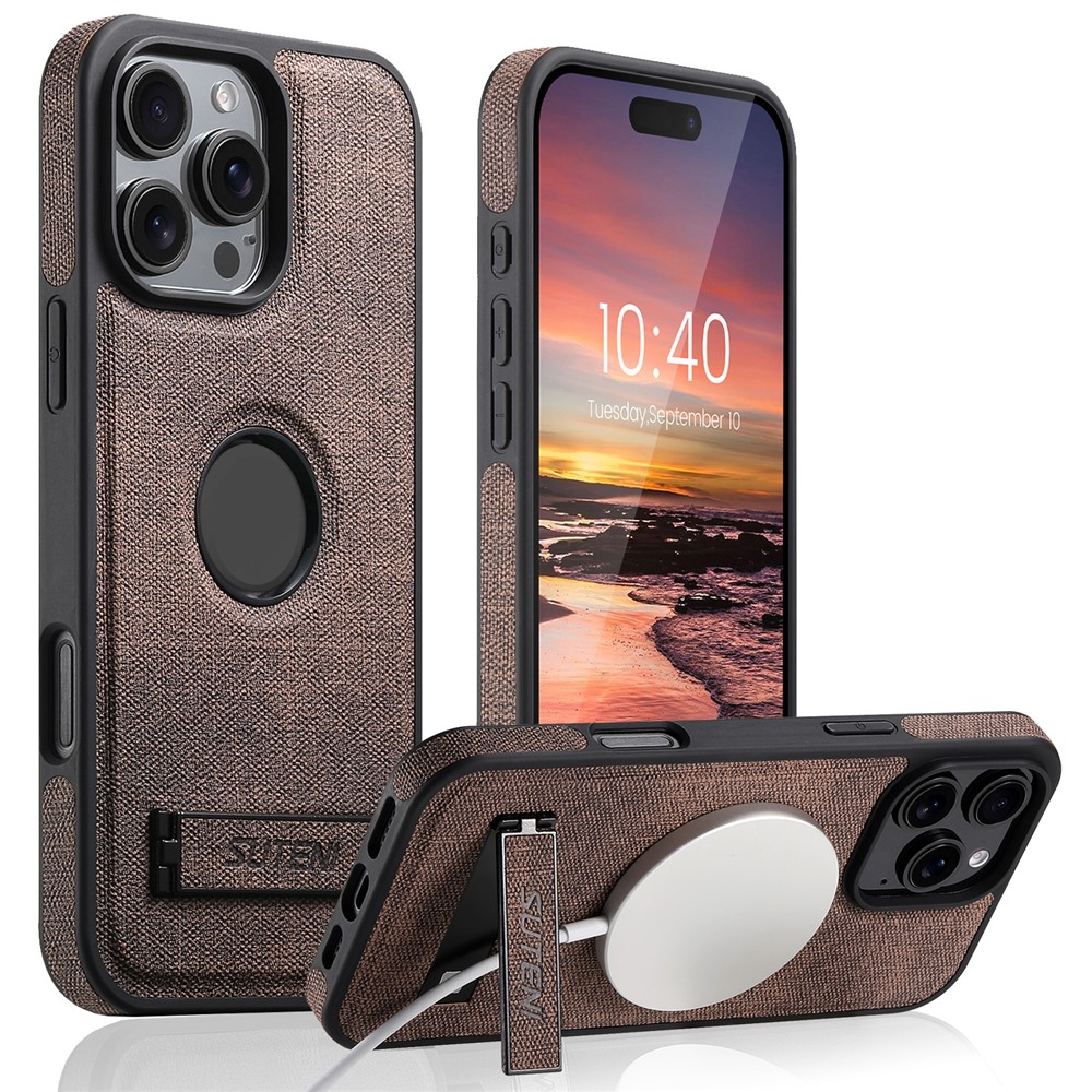 SUTENI G2 For iPhone 14 Pro Case Compatible with MagSafe Kickstand Denim Texture Leather Back Cover - Brown