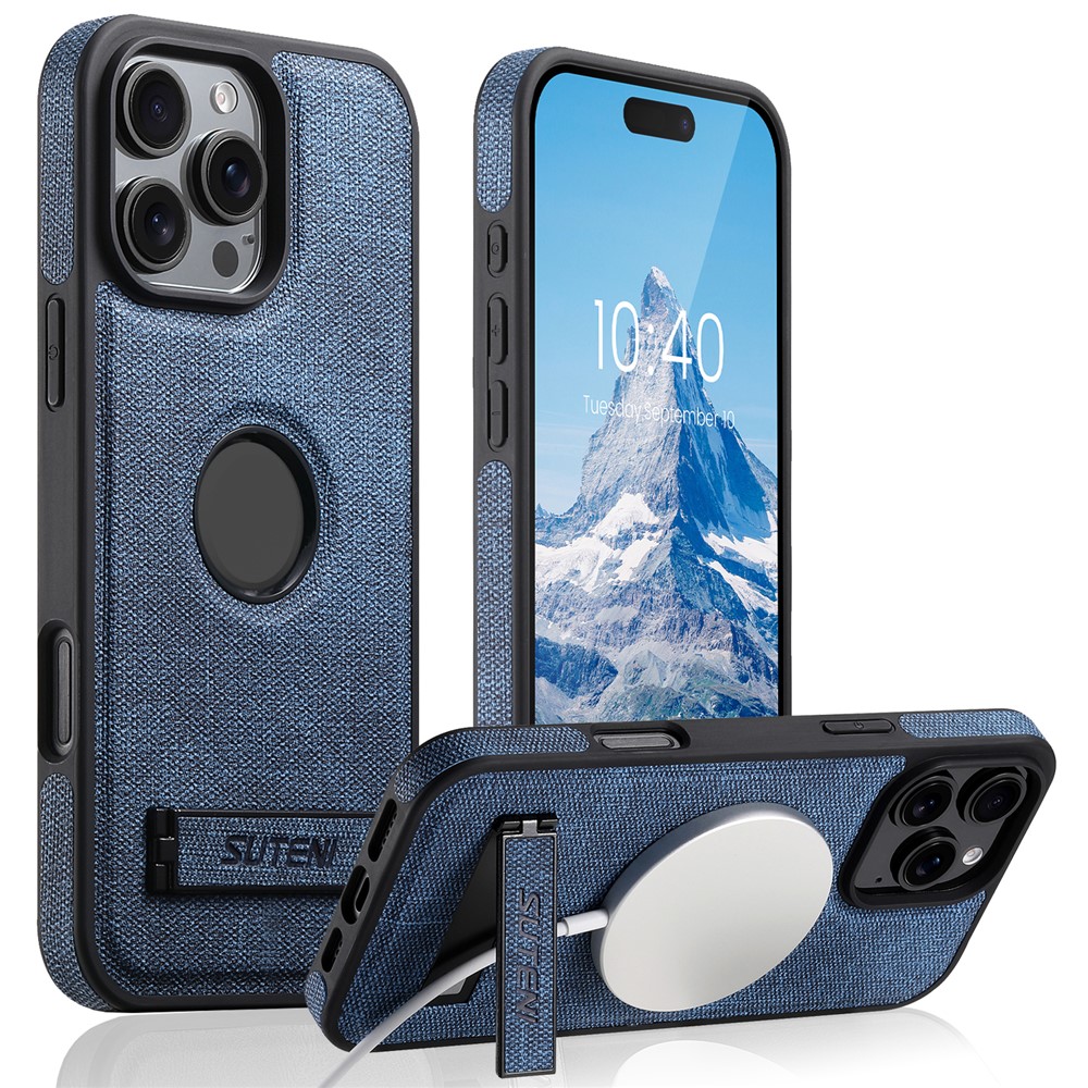 SUTENI G2 For iPhone 14 Pro Case Compatible with MagSafe Kickstand Denim Texture Leather Back Cover - Blue