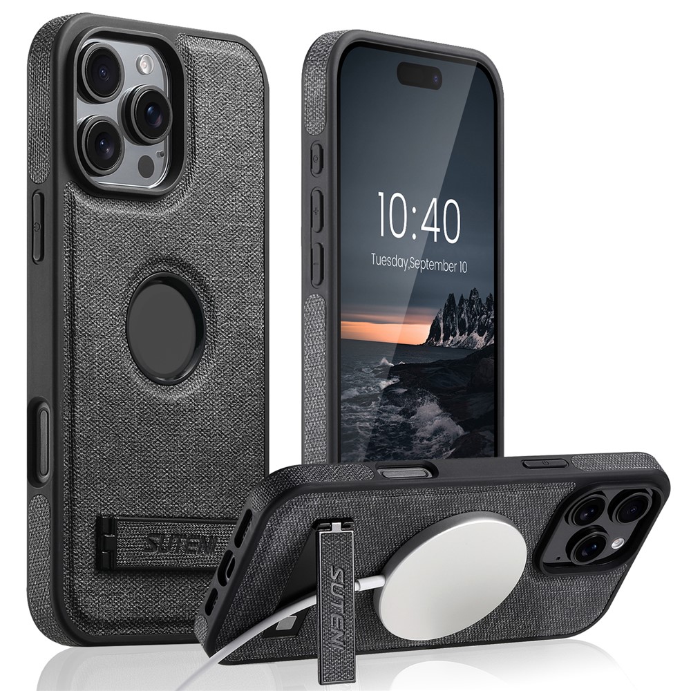 SUTENI G2 For iPhone 14 Pro Max Case Compatible with MagSafe Kickstand Denim Texture Leather Back Cover - Black