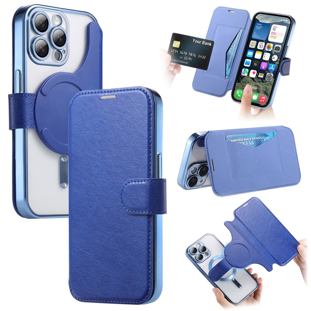 For iPhone 13 Pro Max Case Compatible with MagSafe Detachable Leather Phone Cover with Lens Film - Blue