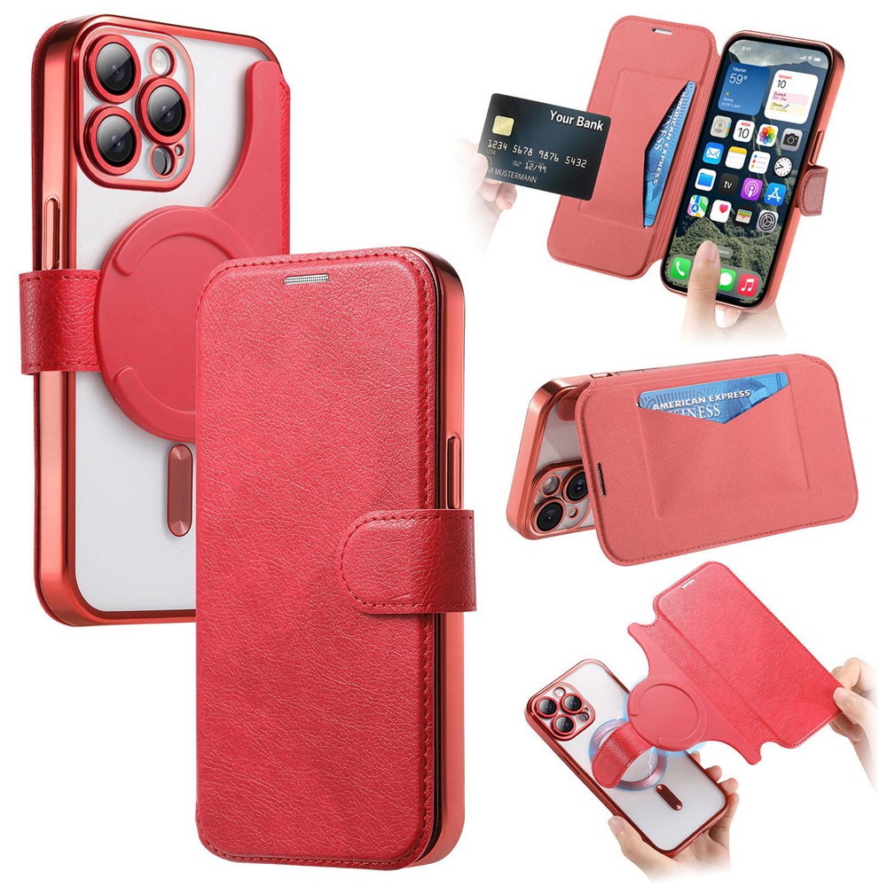 For iPhone 13 Pro Max Case Compatible with MagSafe Detachable Leather Phone Cover with Lens Film - Red