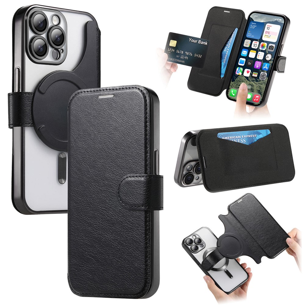 For iPhone 13 Pro Case Compatible with MagSafe Detachable Leather Phone Cover with Lens Film - Black