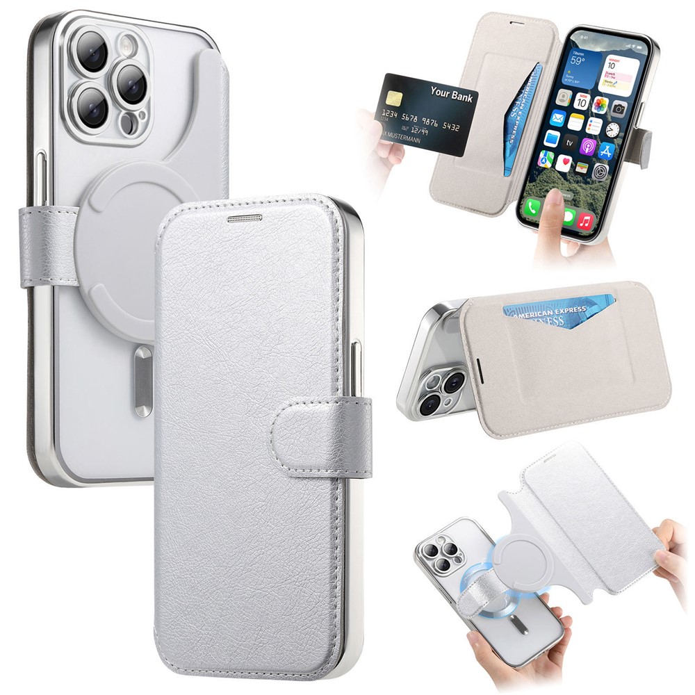 For iPhone 13 Pro Case Compatible with MagSafe Detachable Leather Phone Cover with Lens Film - Silver