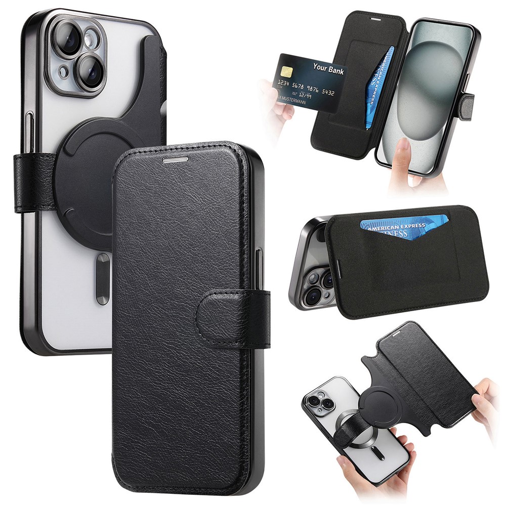 For iPhone 13 Case Compatible with MagSafe Detachable Leather Phone Cover with Lens Film - Black