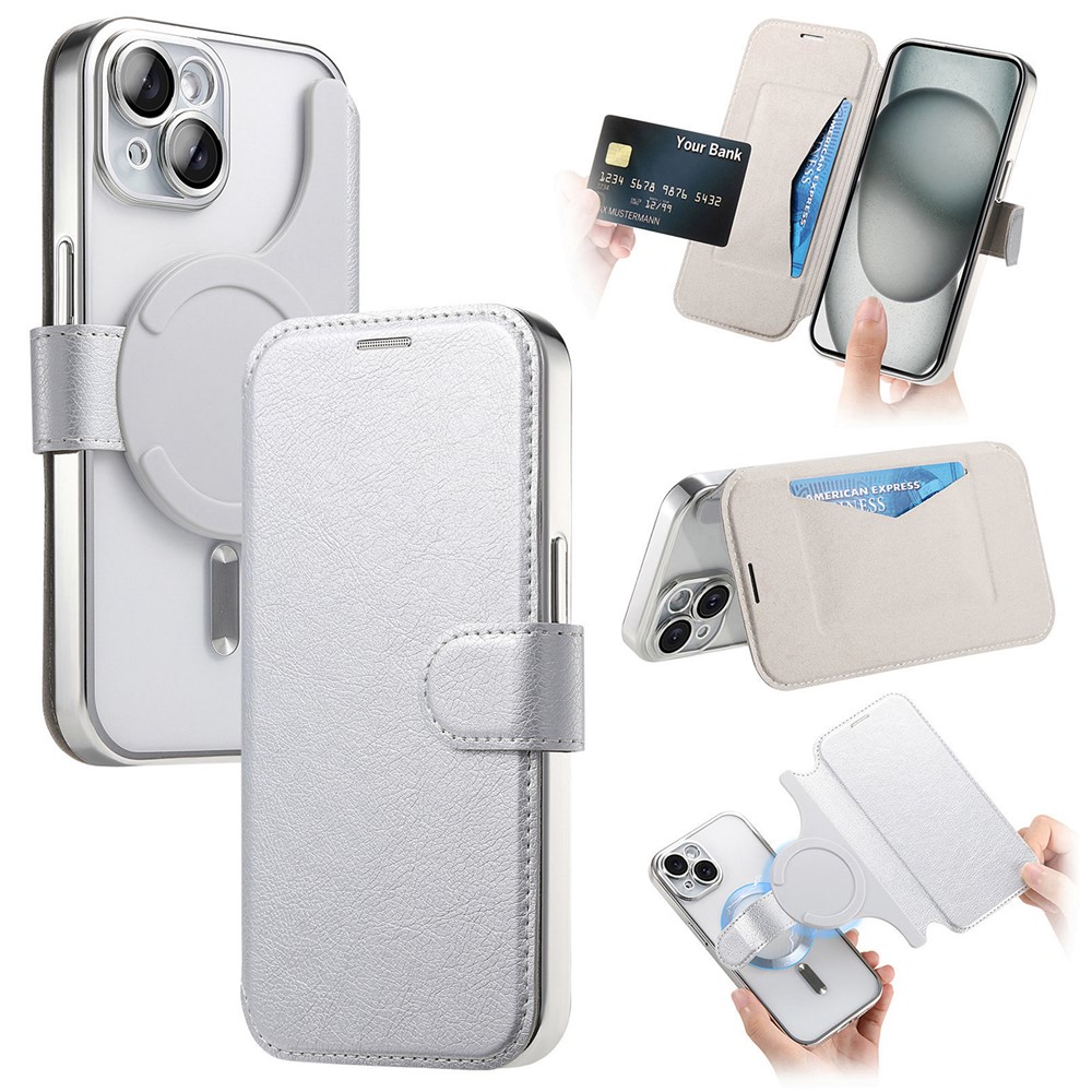 For iPhone 13 Case Compatible with MagSafe Detachable Leather Phone Cover with Lens Film - Silver