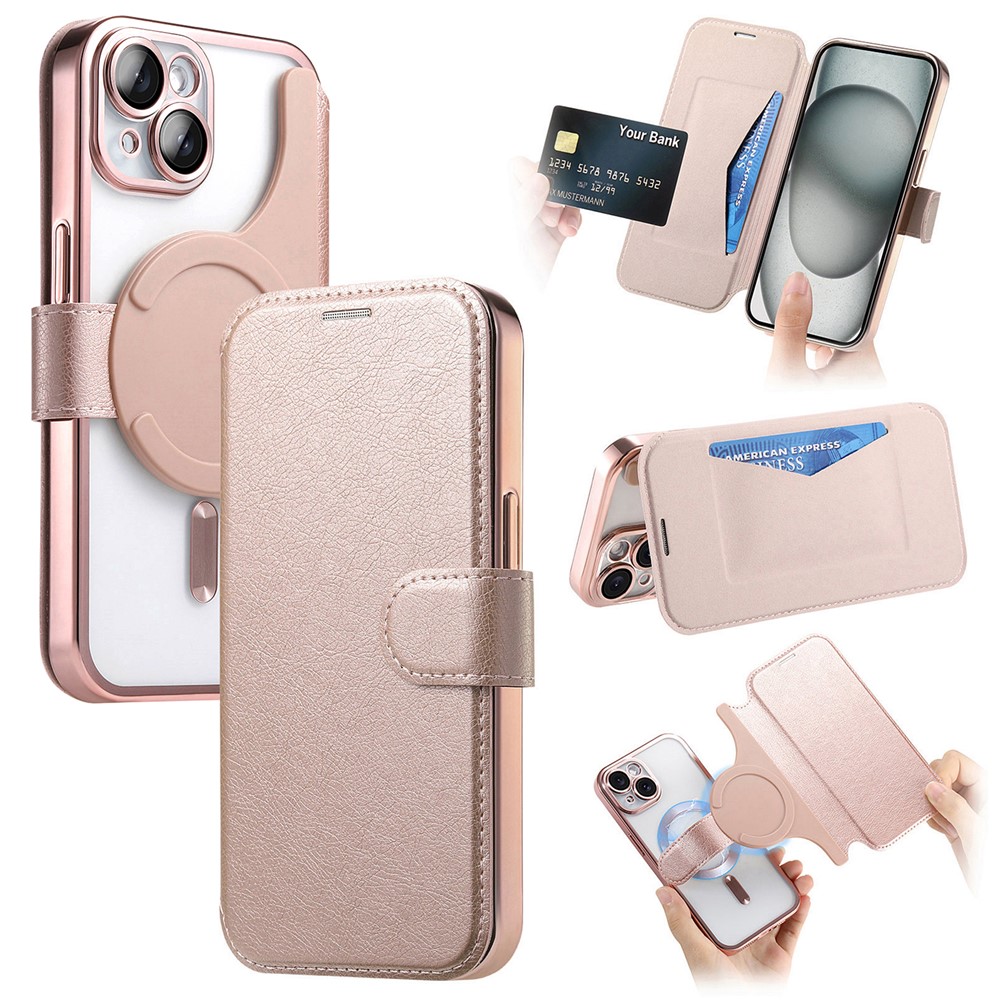 For iPhone 14 Plus Case Compatible with MagSafe Detachable Leather Phone Cover with Lens Film - Rose Gold