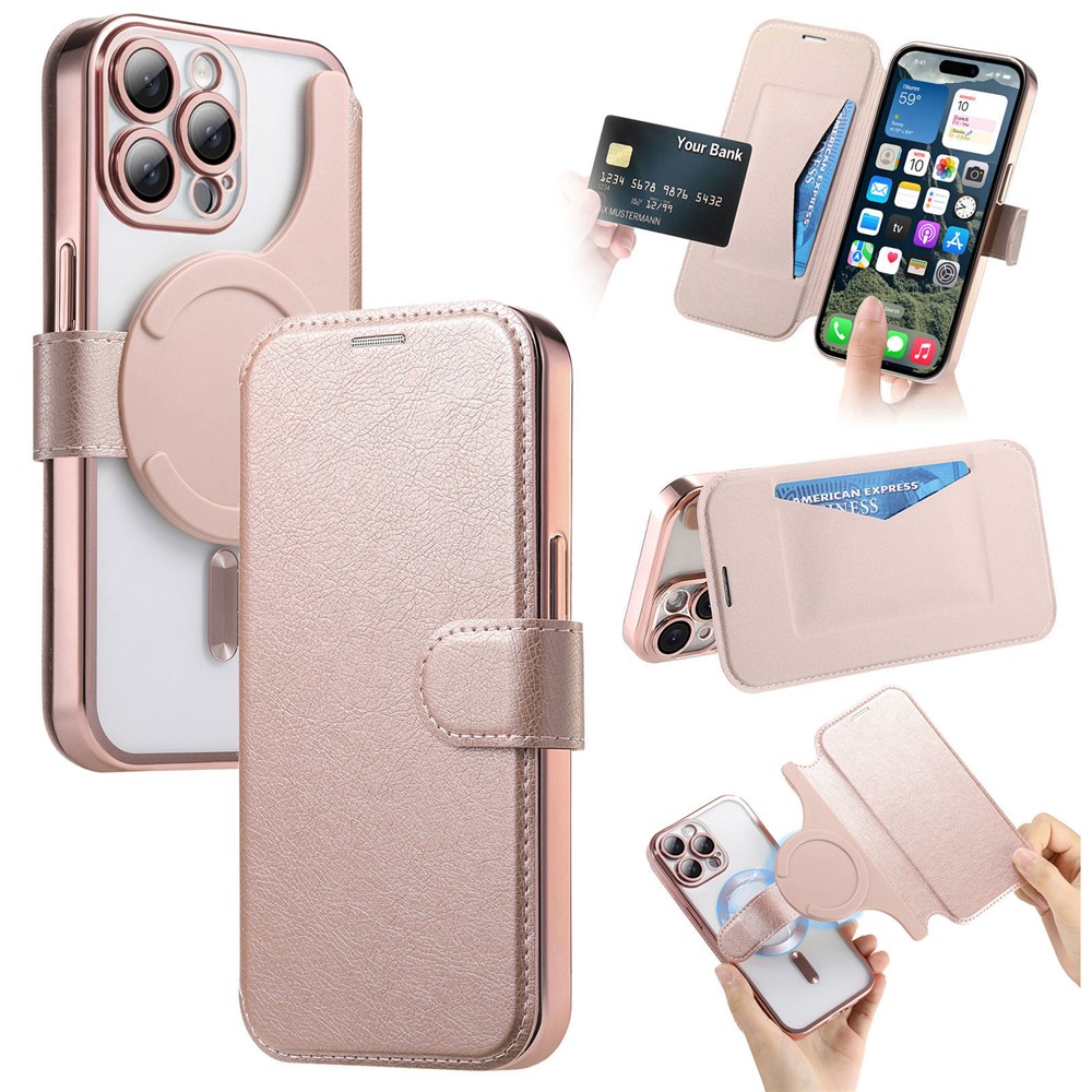For iPhone 14 Pro Max Case Compatible with MagSafe Detachable Leather Phone Cover with Lens Film - Rose Gold