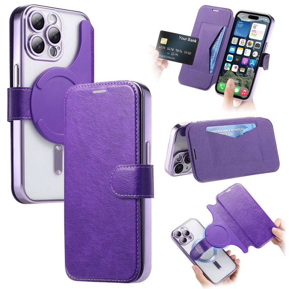 For iPhone 14 Pro Max Case Compatible with MagSafe Detachable Leather Phone Cover with Lens Film - Light Purple